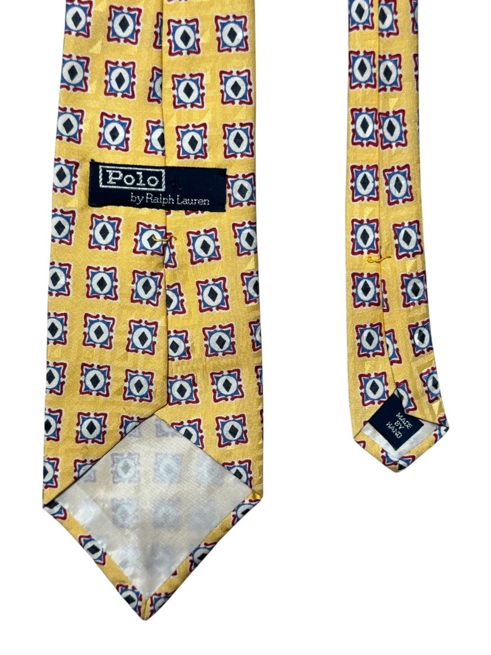 VTG Polo by Ralph Lauren Yellow Geometric Silk Tie with Navy and Red Accents